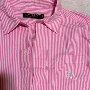 Ralph Lauren Pink and White Striped Button Down with Embroided Logo on the Chest